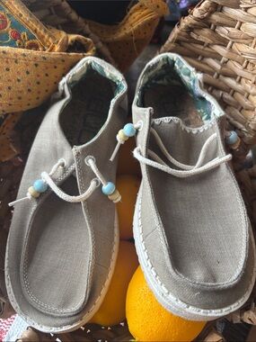 Hey Dude , Grey Canvas Moccasins with Blue Bead Accents